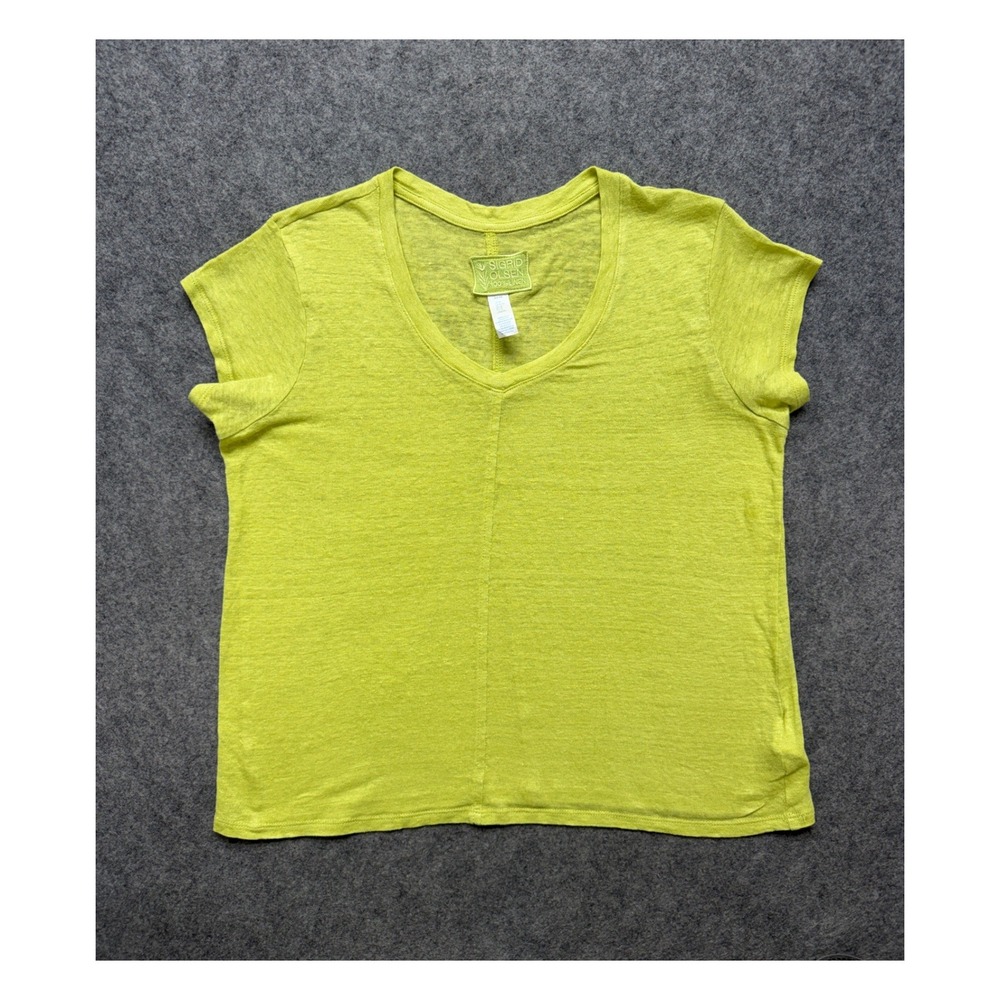 Sigrid Olsen Womens Lime Green 100% Linen V-Neck Short Sleeve Top Medium Light